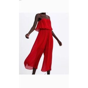 Zara Women's Red Pleated Halter Jumpsuit  Wide Leg Size M
